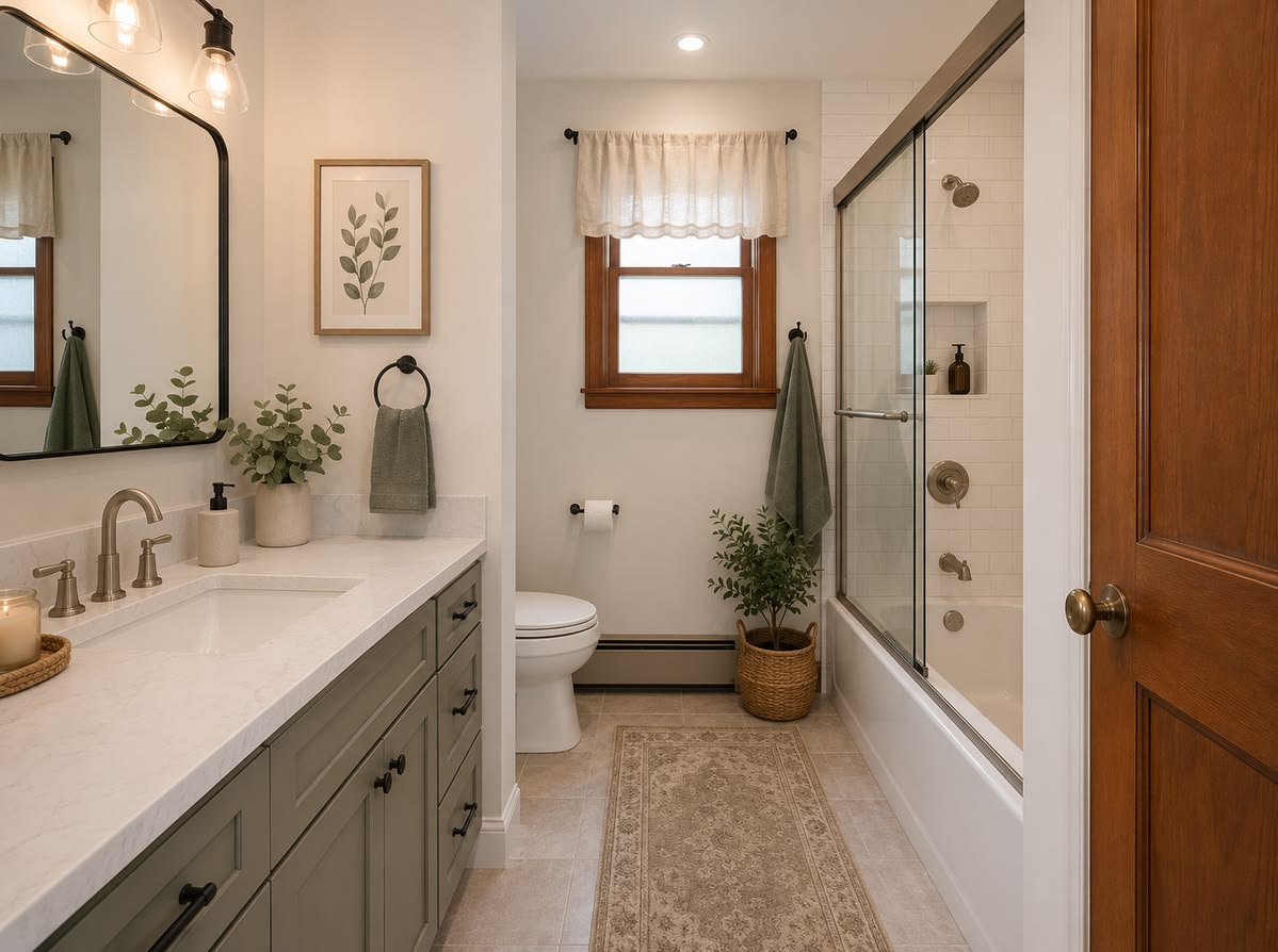 Custom bathroom remodel with coordinated tile, fixtures, and finishes