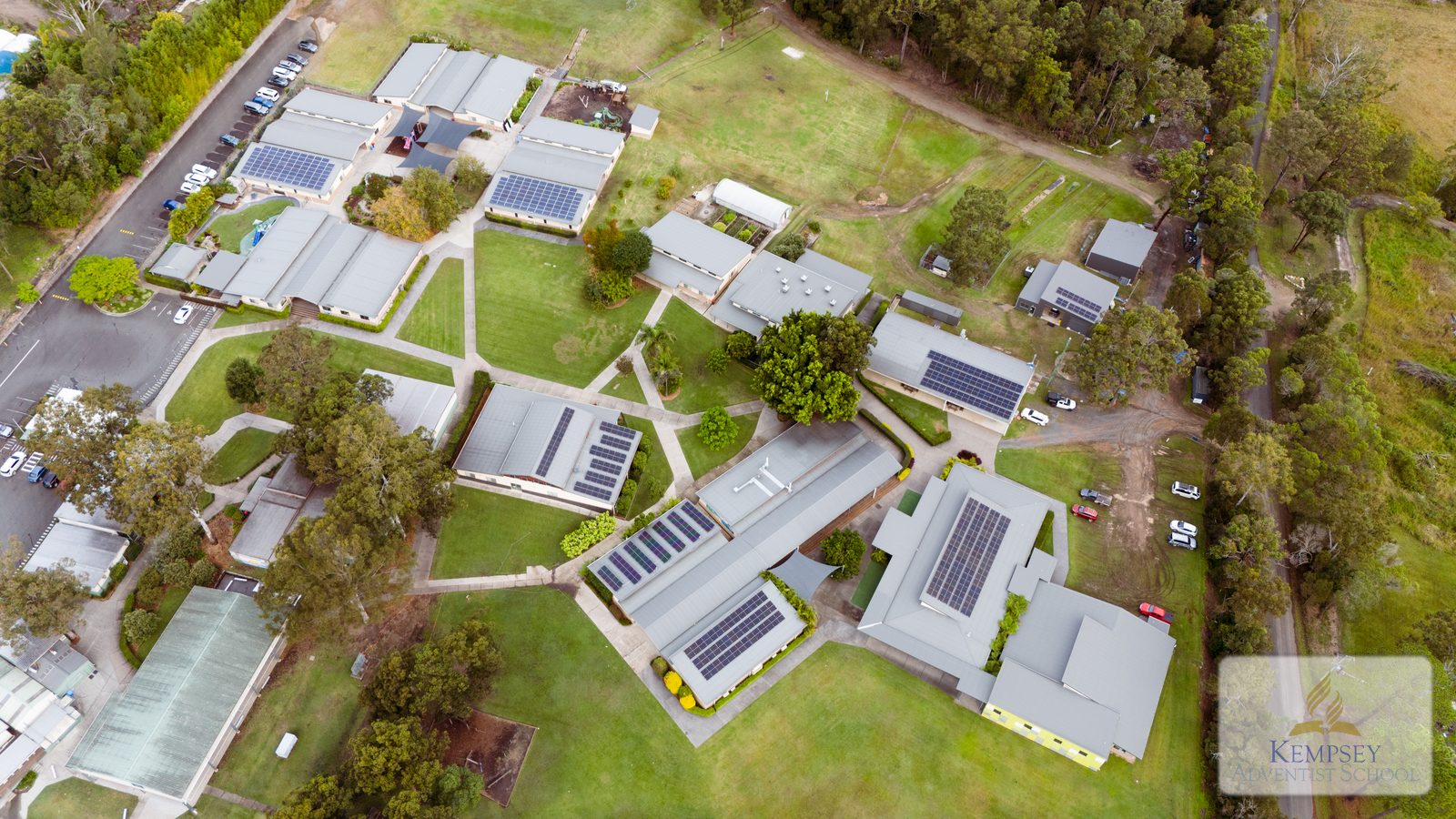 Aerial view of the Kempsey Adventist College campus with rooftop solar installed by South Kempsey Solar