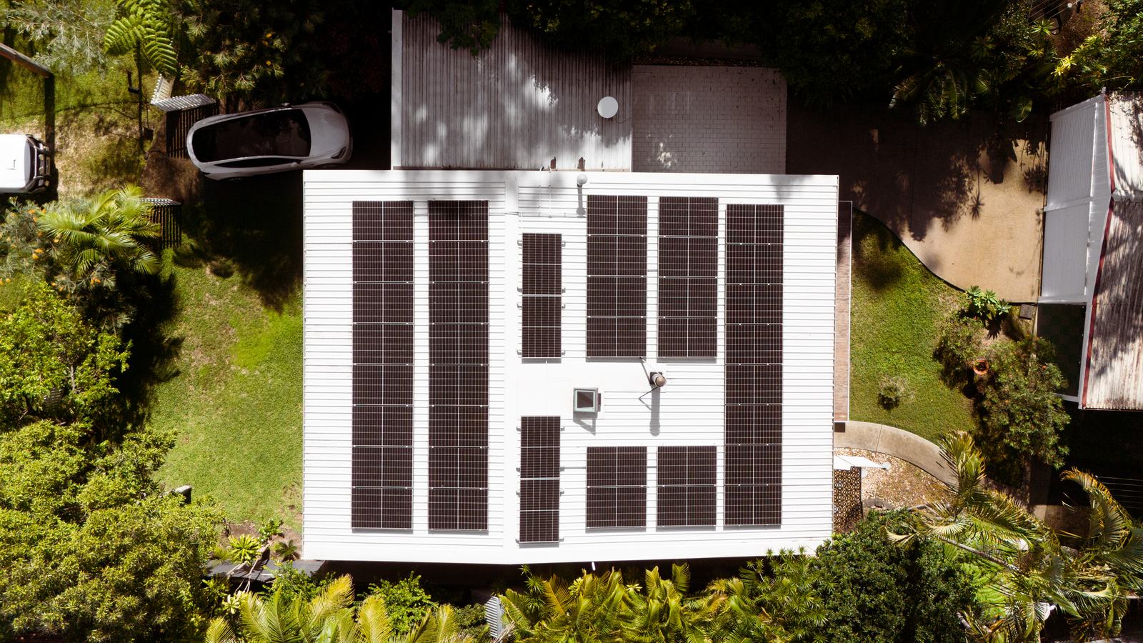 Aerial view of the rooftop solar system South Kempsey Solar installed on Alun Machin&rsquo;s home