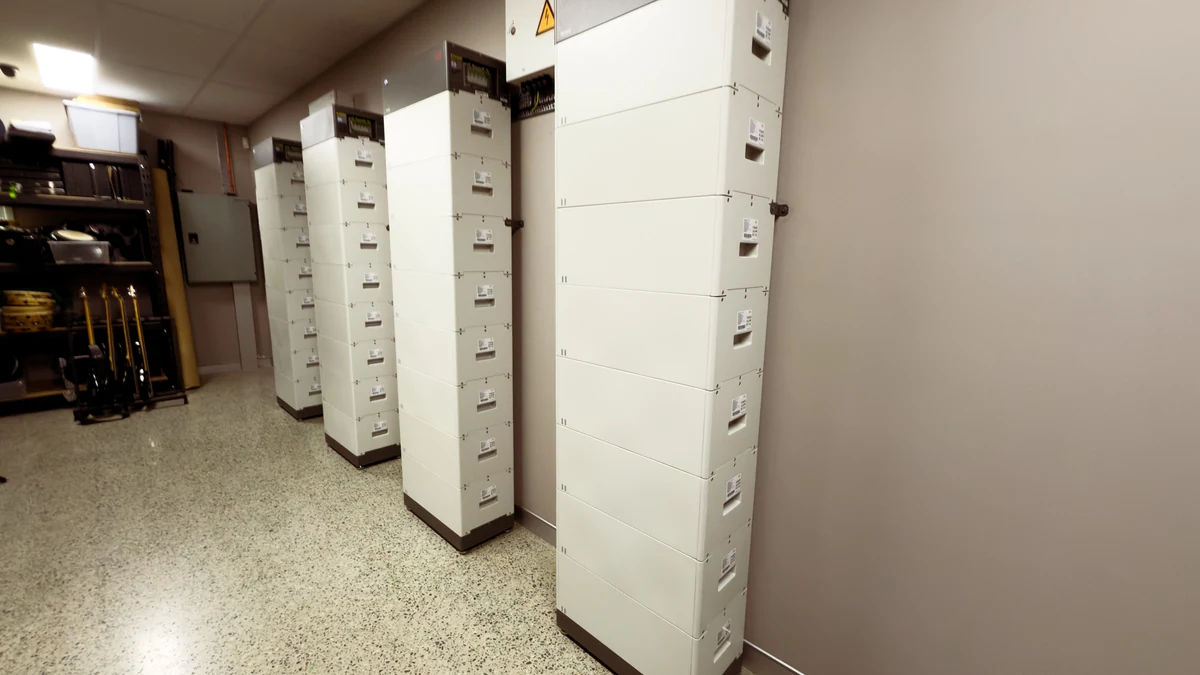 Commercial battery room with stacked batteries