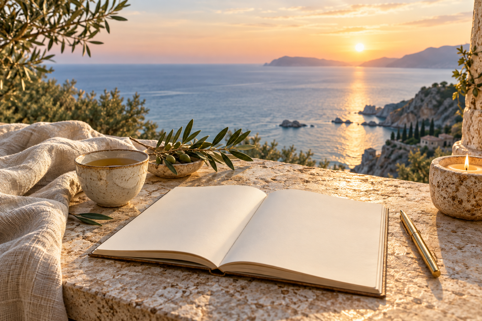 A peaceful retreat planning journal overlooking the Mediterranean sea