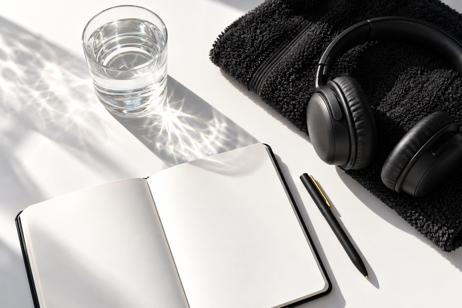 Sunlit water, workout towel and headphones on a white table.