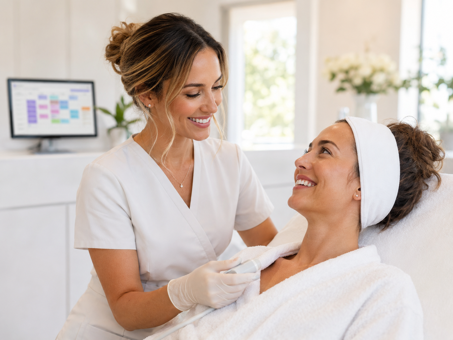 A relaxed, happy client being cared for at a bright modern clinic while the front-desk calendar stays fully booked — Clear AI Studio answers every call and books every appointment.
