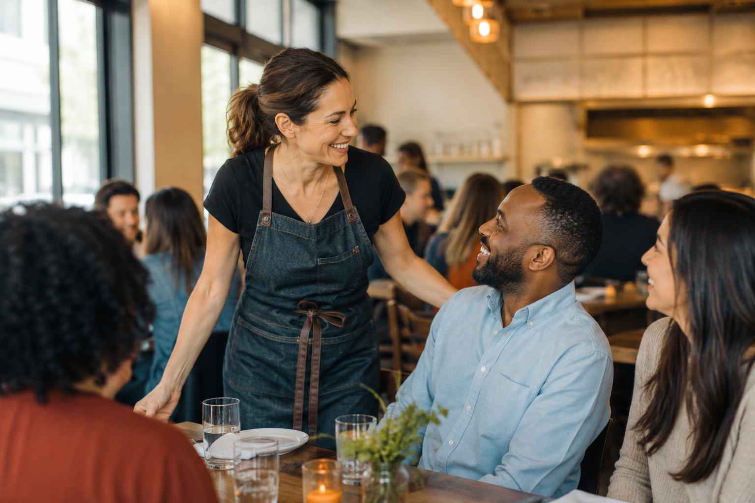 Warm restaurant owner happily greeting delighted diners in a busy, inviting dining room