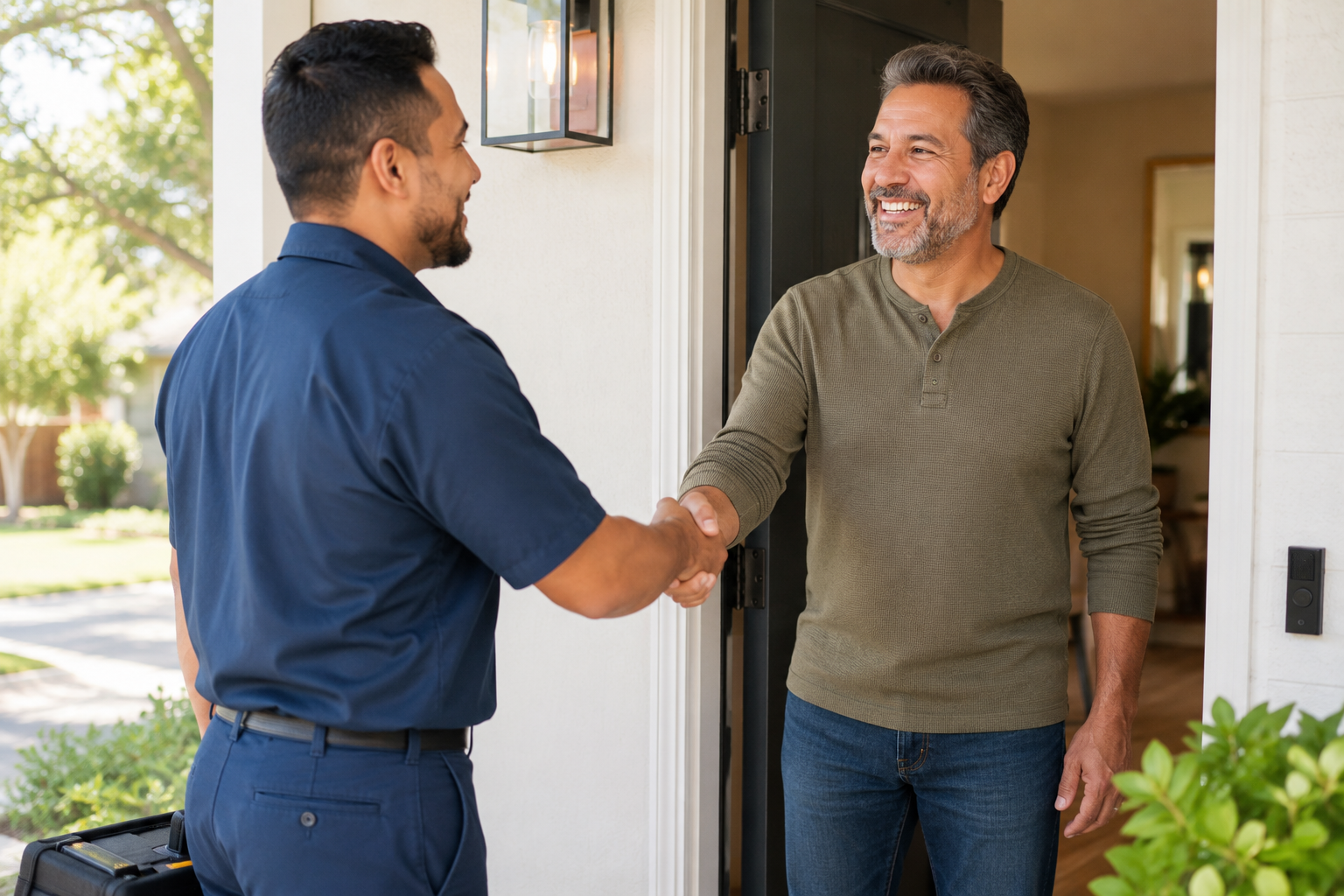 Happy homeowner greeting a friendly home-services technician at the front door
