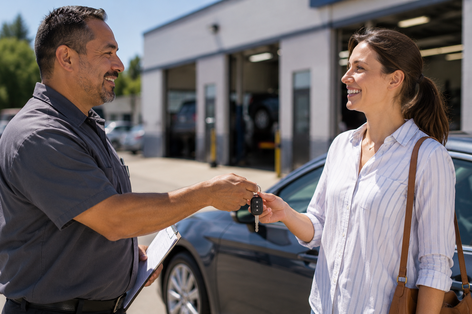 Friendly auto-shop owner handing car keys back to a happy customer on a bright forecourt