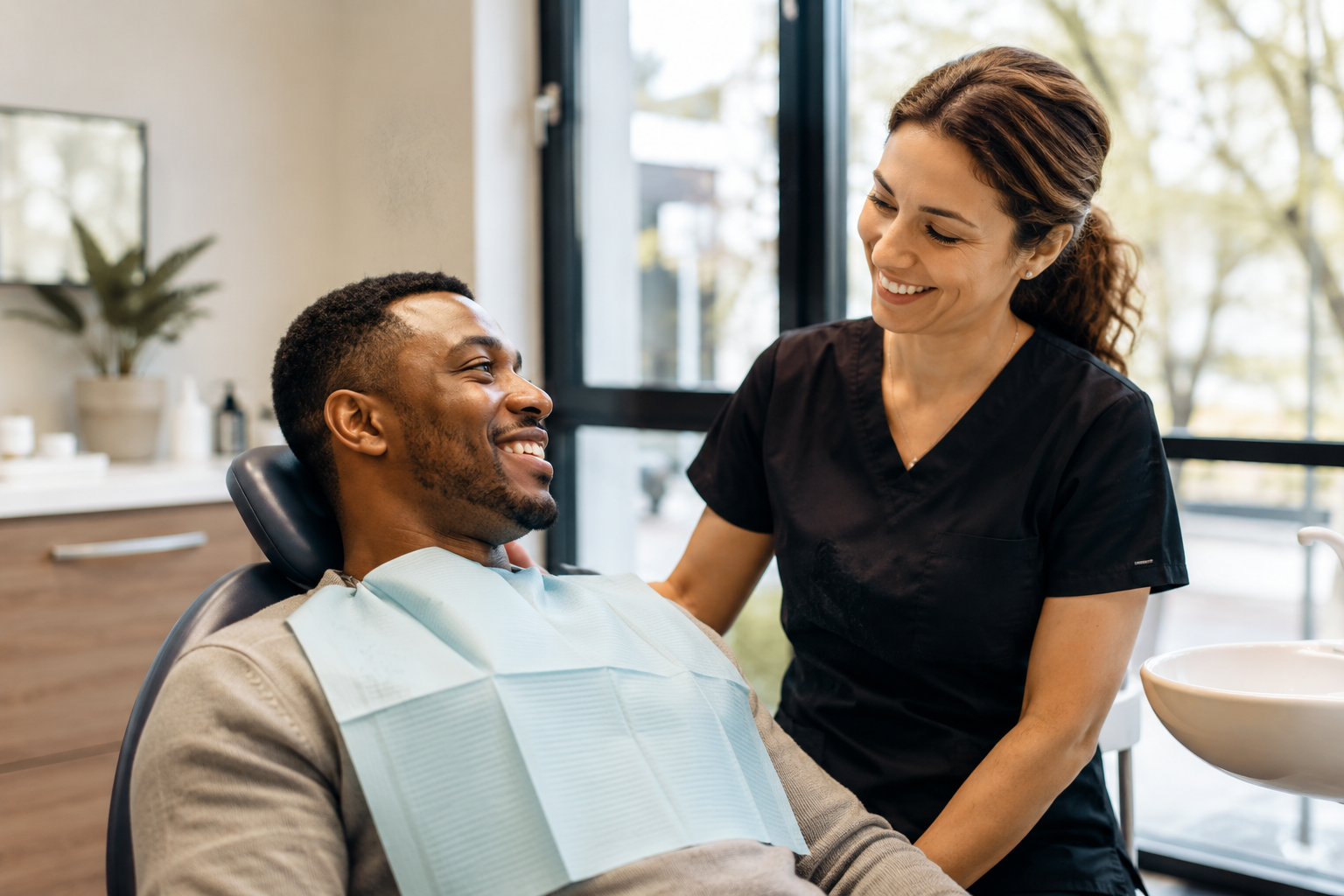 Relaxed, happy patient with a smiling practitioner in a bright modern clinic