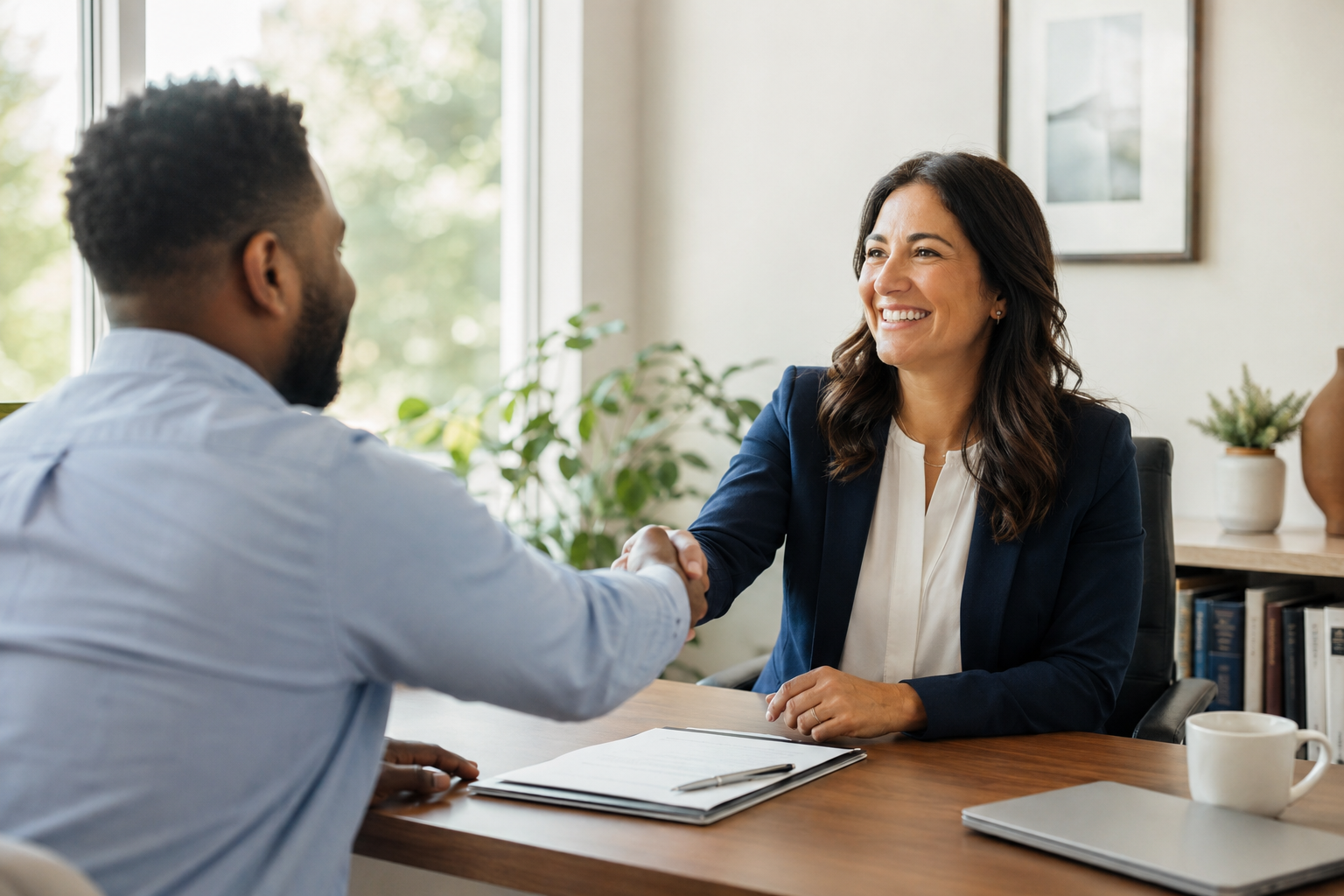Attorney warmly shaking hands with a relieved, smiling client in a bright law office