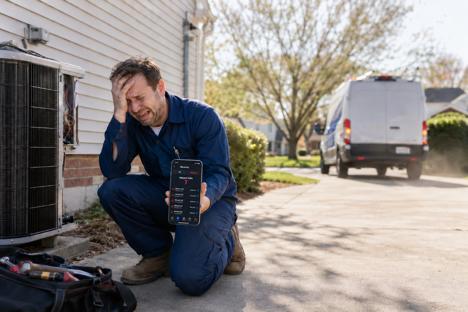 HVAC technician in despair holding a phone showing missed calls as a competitor's van drives away