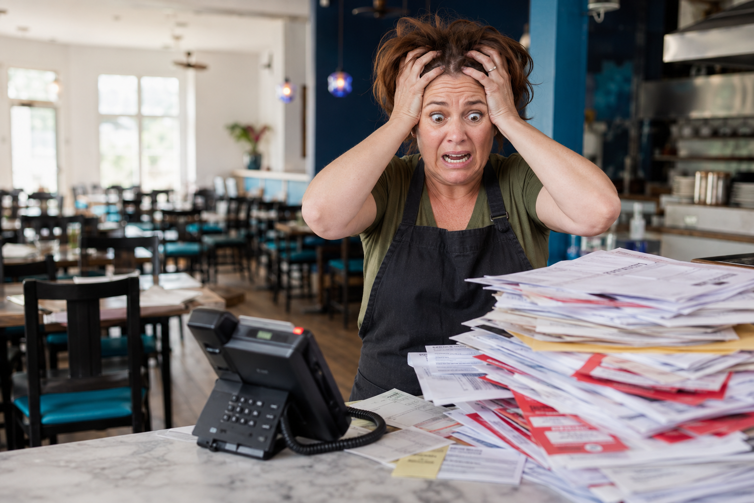 Panicked restaurant owner clutching her head over a mountain of unpaid bills in an empty dining room