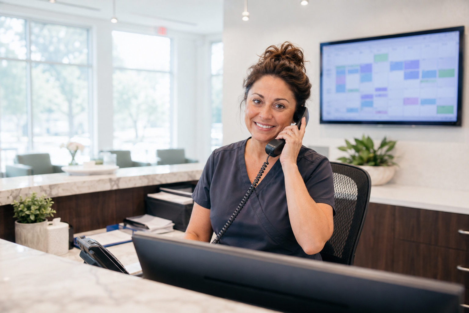 Calm, smiling receptionist on the phone with a full appointment calendar on the screen behind her