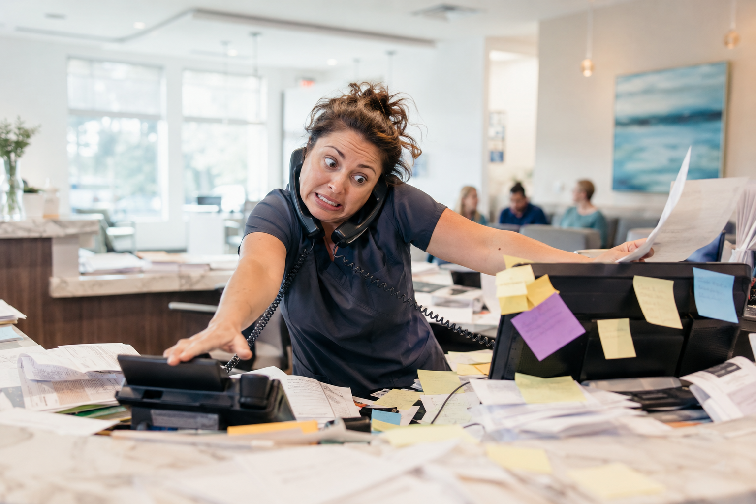 Frazzled clinic receptionist juggling phones over a desk buried in sticky notes and papers
