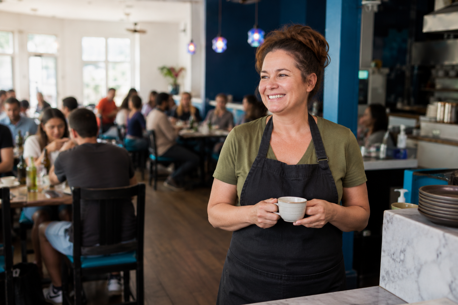 Relaxed, smiling restaurant owner with a coffee in a full, lively dining room