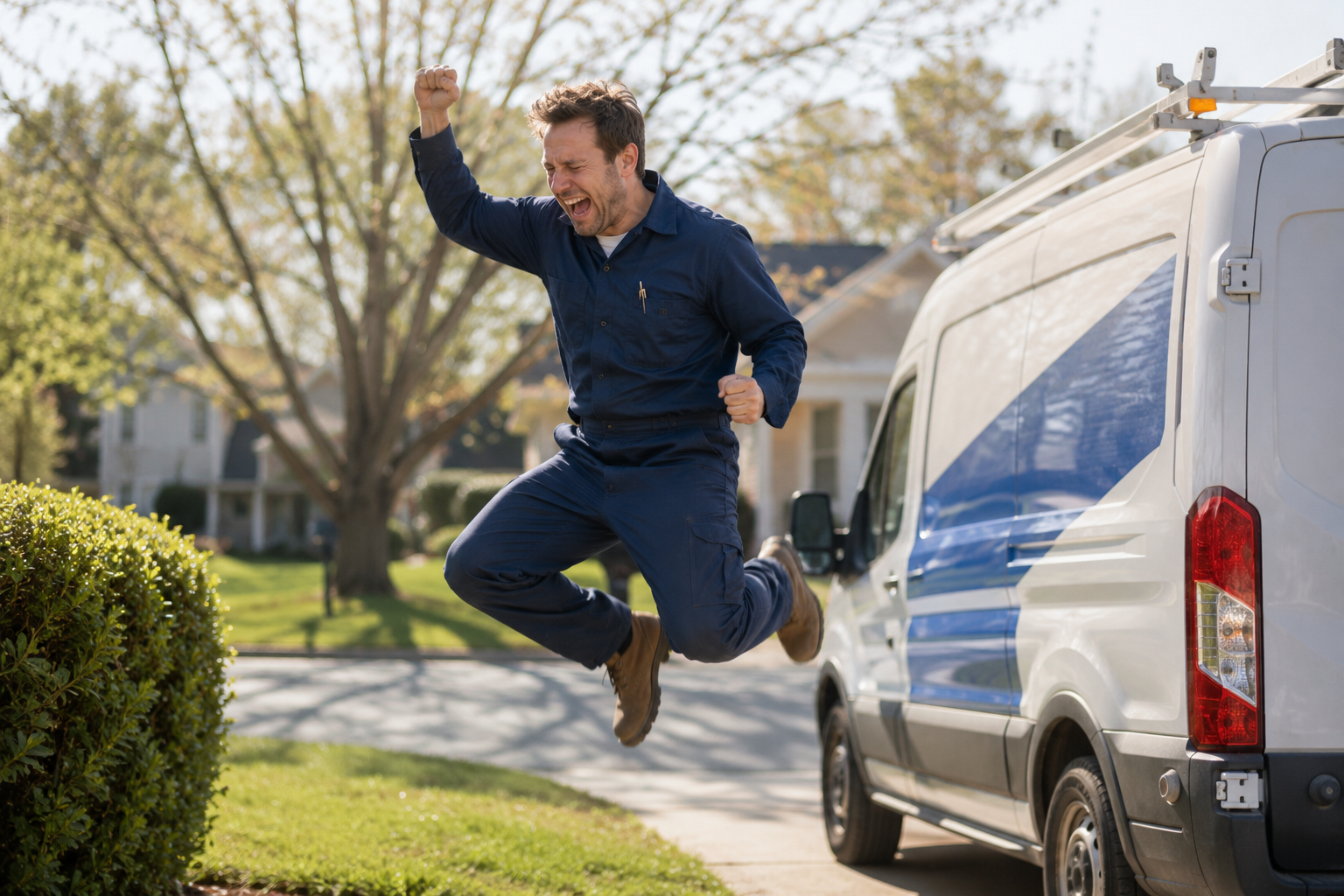 HVAC technician jumping for joy with a fist pump beside his van
