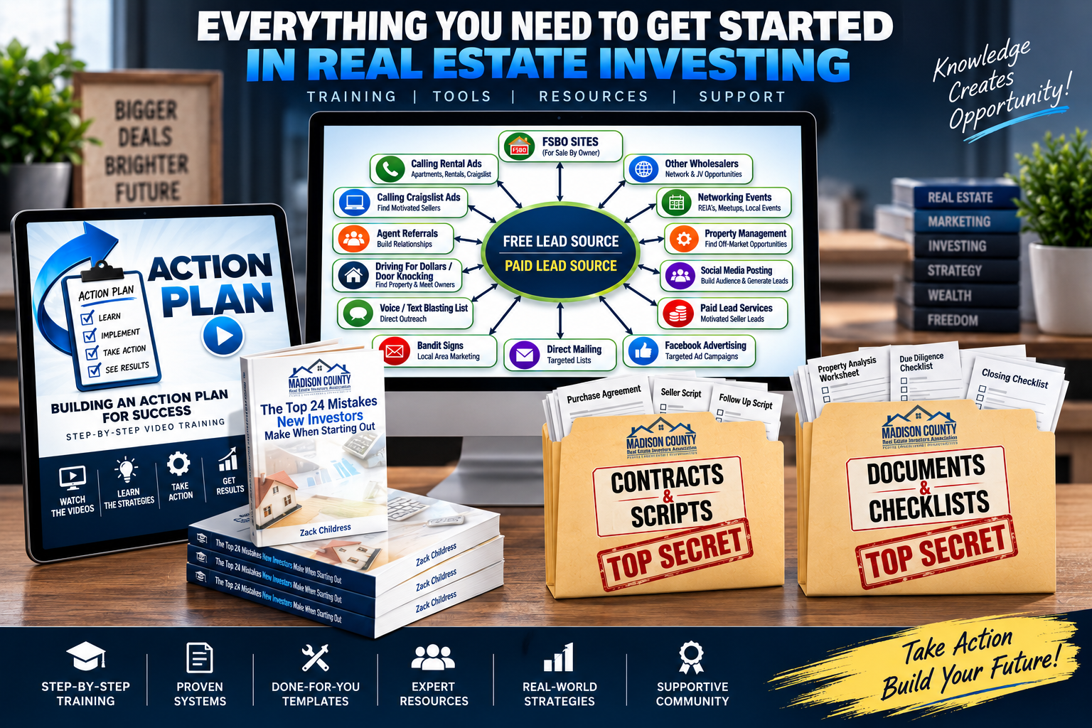 The Find and Flip Starter Kit: the Top 24 Mistakes report, Contracts and Scripts, Documents and Checklists, the Action Plan video training, and the Pinwheel Marketing Approach