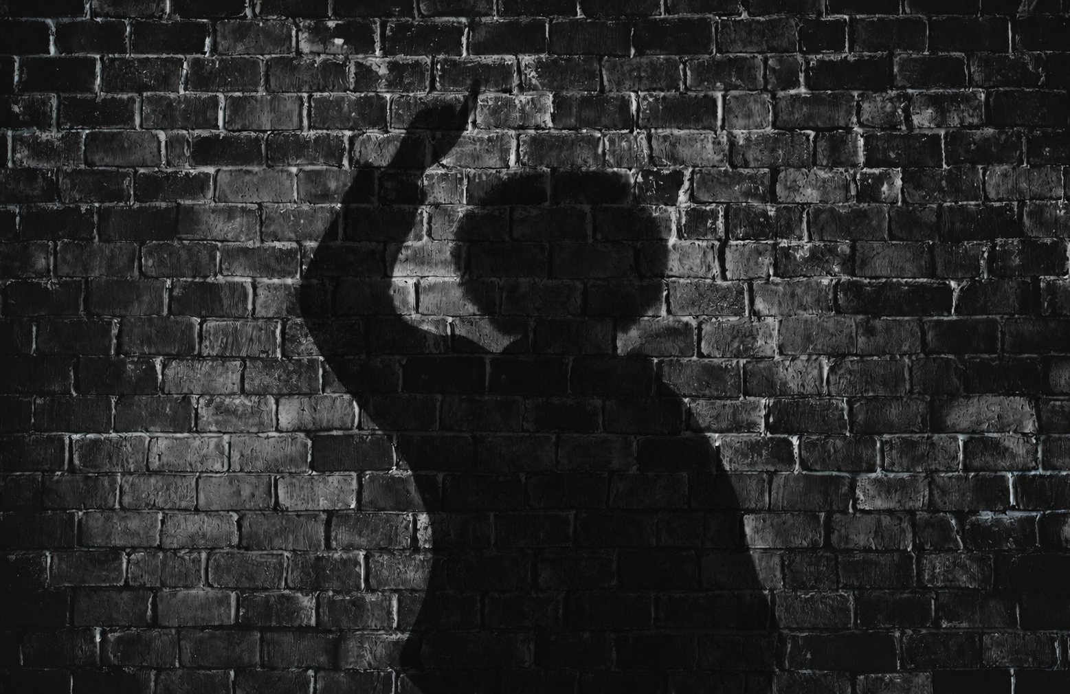 The shadow of a person reaching one arm upward, cast across a dark brick wall.