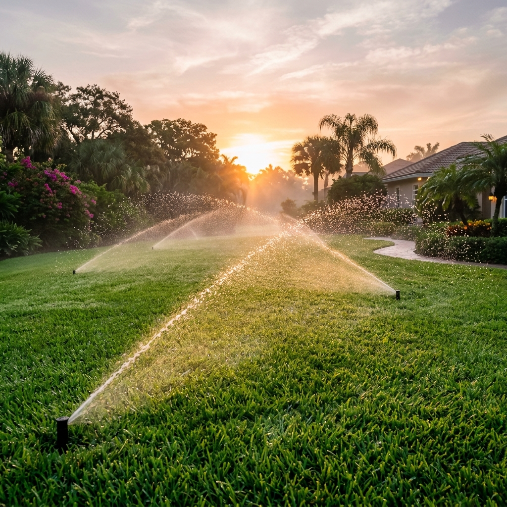 Smart irrigation sprinkler system running over green lawn in Lutz FL