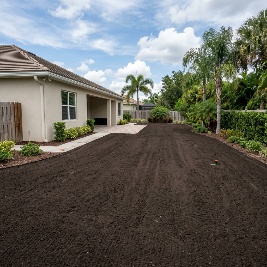 Professionally graded and leveled residential yard ready for landscaping in Lutz FL