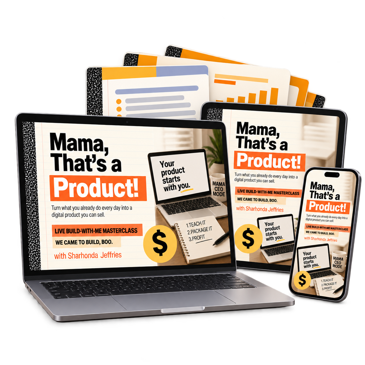 Mama, That's a Product! masterclass on laptop, tablet and phone