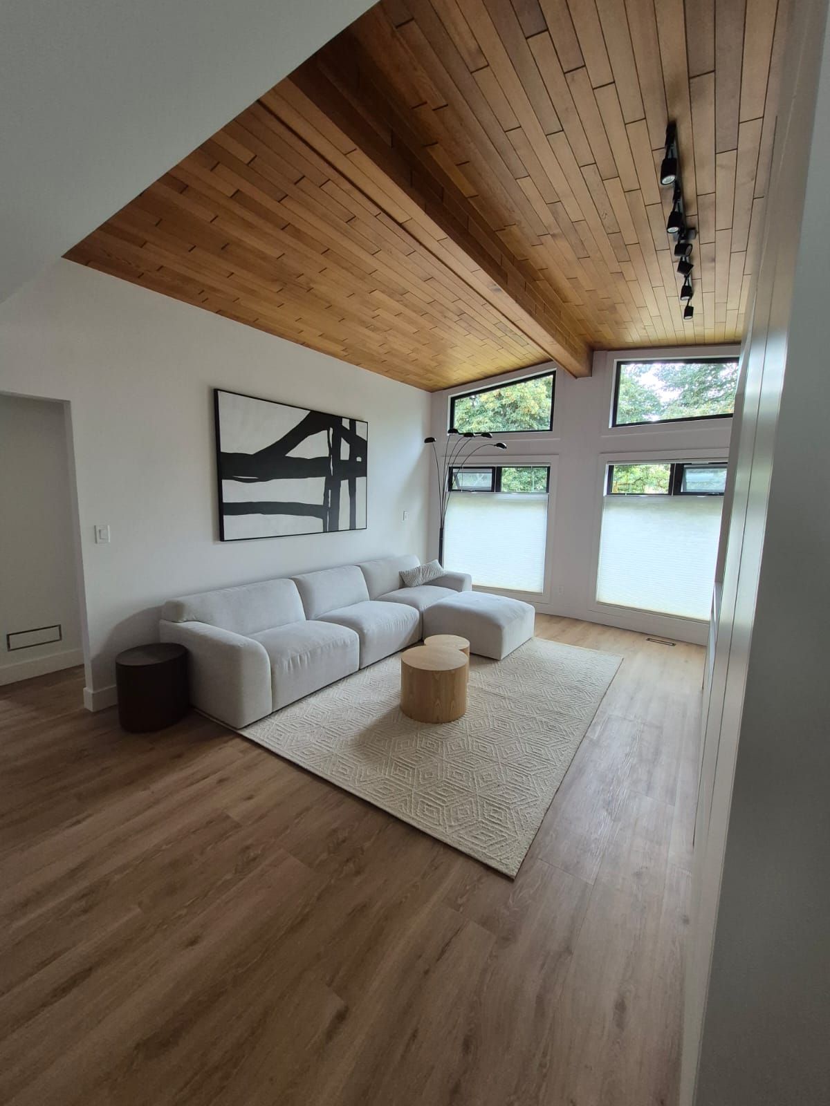 Renovated living room with cedar plank vaulted ceiling, track lighting and light wood floors