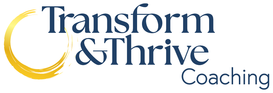 Transform & Thrive Coaching logo with a stylized yellow circle design.