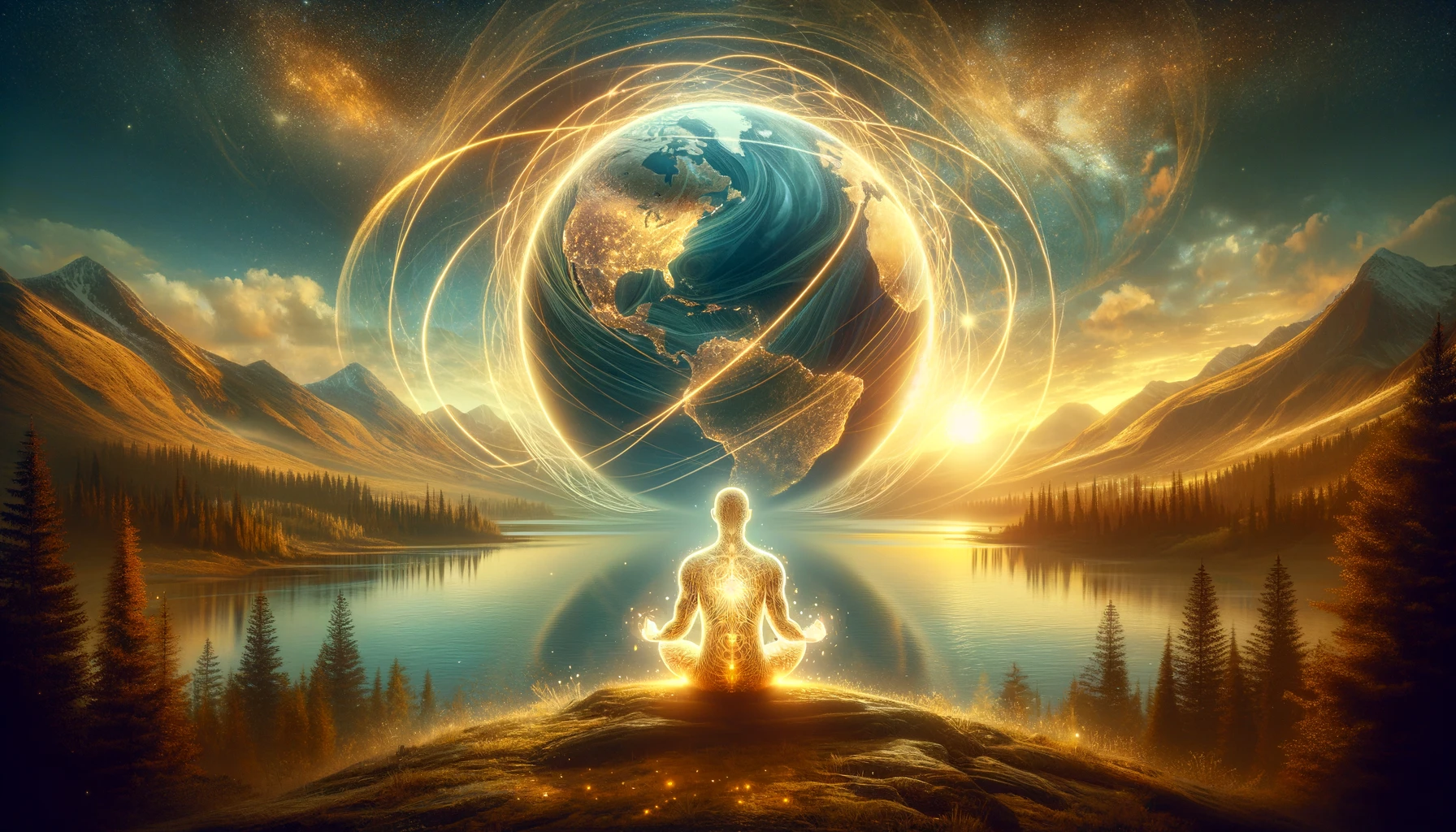 AI image of a man sitting and meditating in nature with the globe in front of him