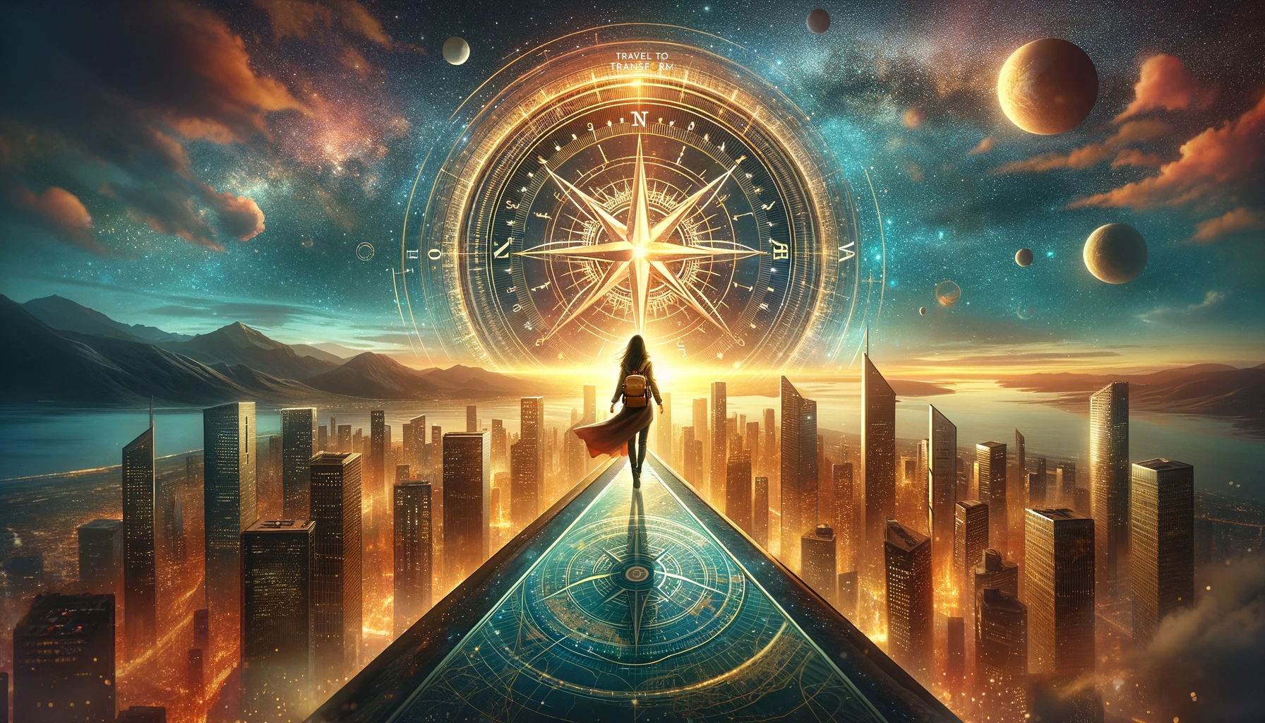 AI image of a female walking on higher ground towards the compass