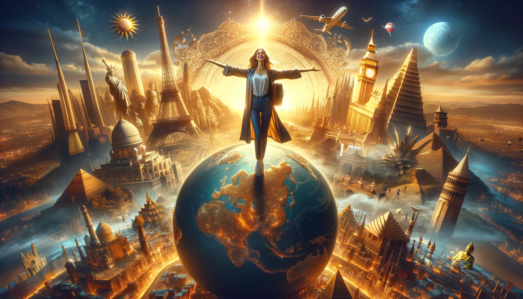 Female standing on globe, Thriving multi-landmarks