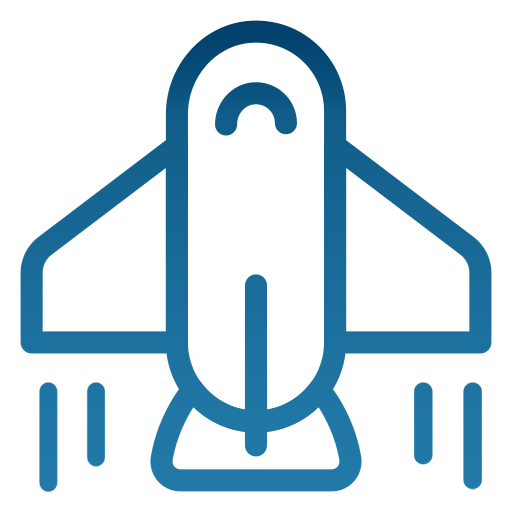blue outline icon of a spaceship taking off