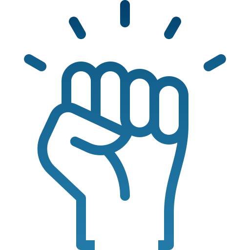 Blue outline icon of a raised fist with lines indicating movement or emphasis.