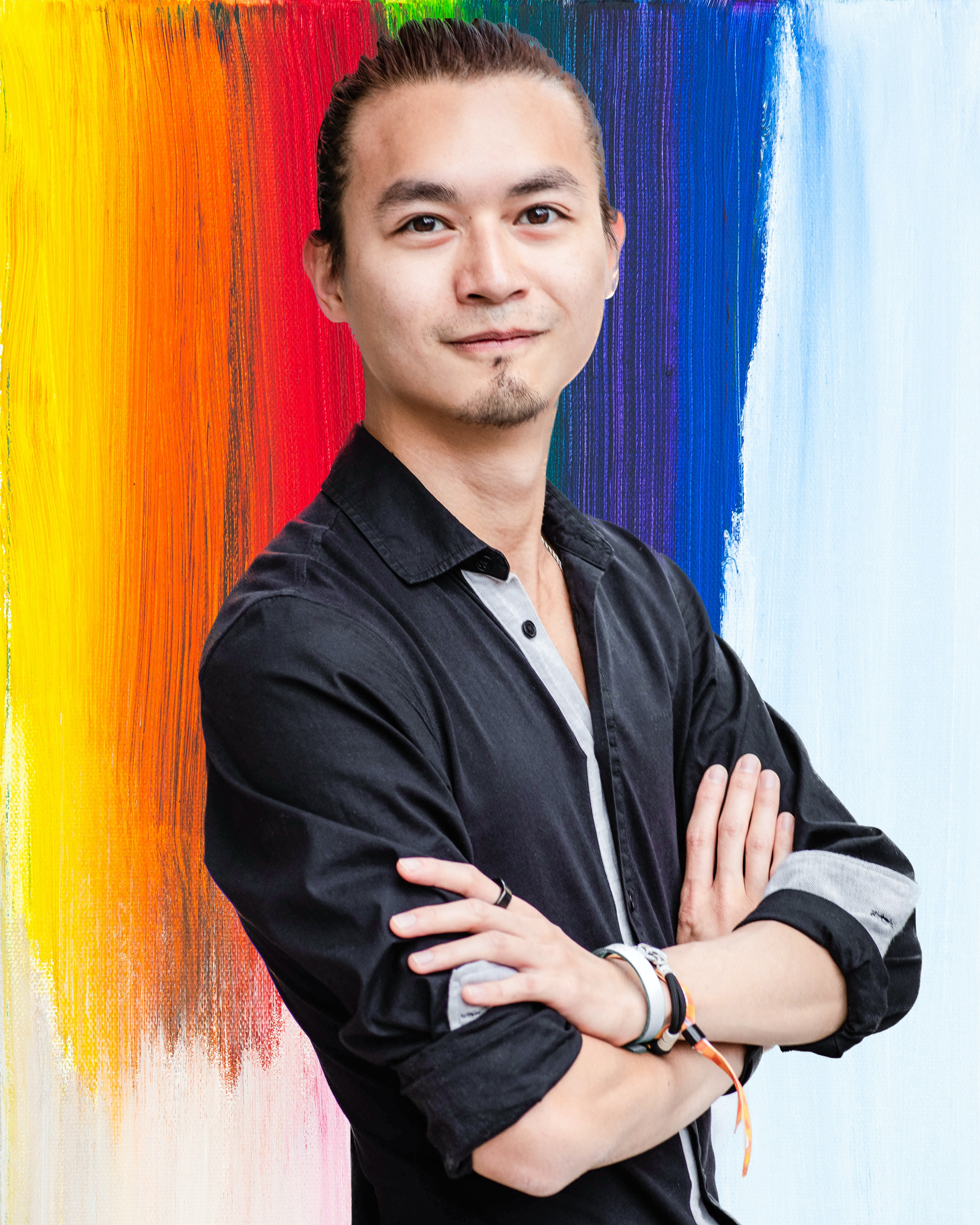 Freeman Fung self-portrait, colourful art background