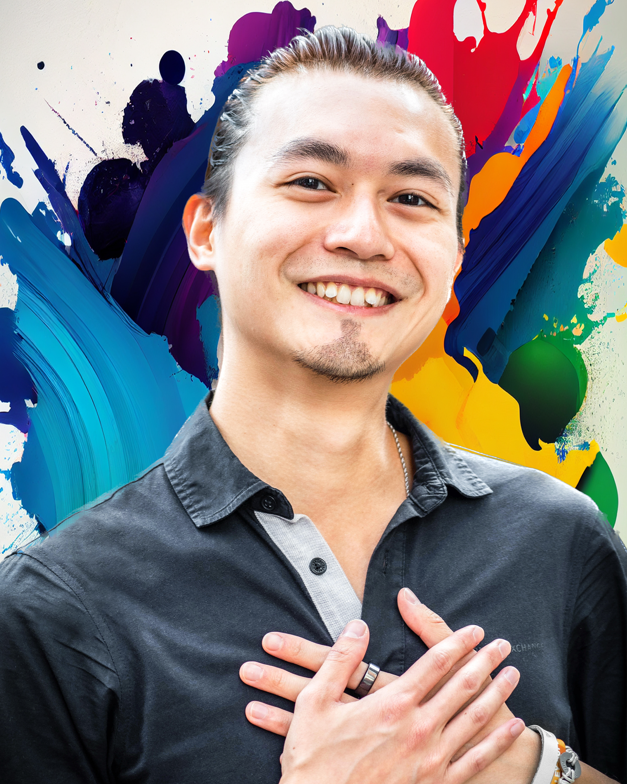 Freeman Fung self portrait, hands on chest