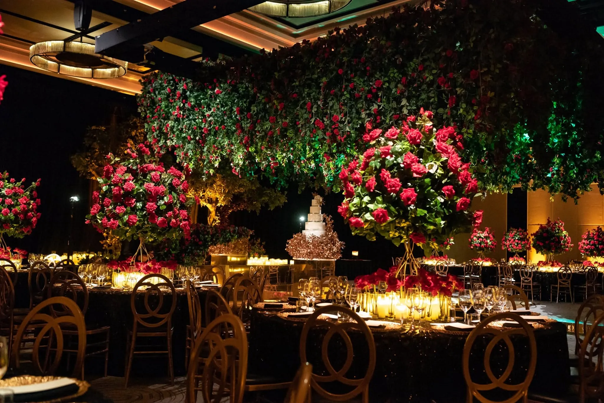 Suspended floral installation overhead