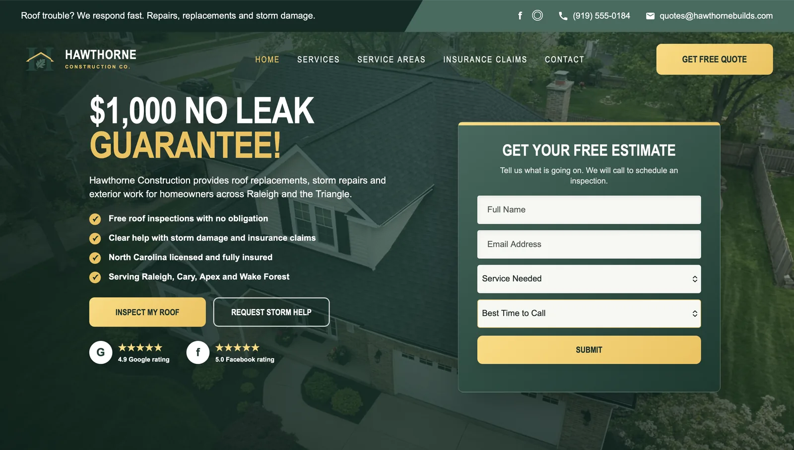 Roofing contractor website with an estimate form