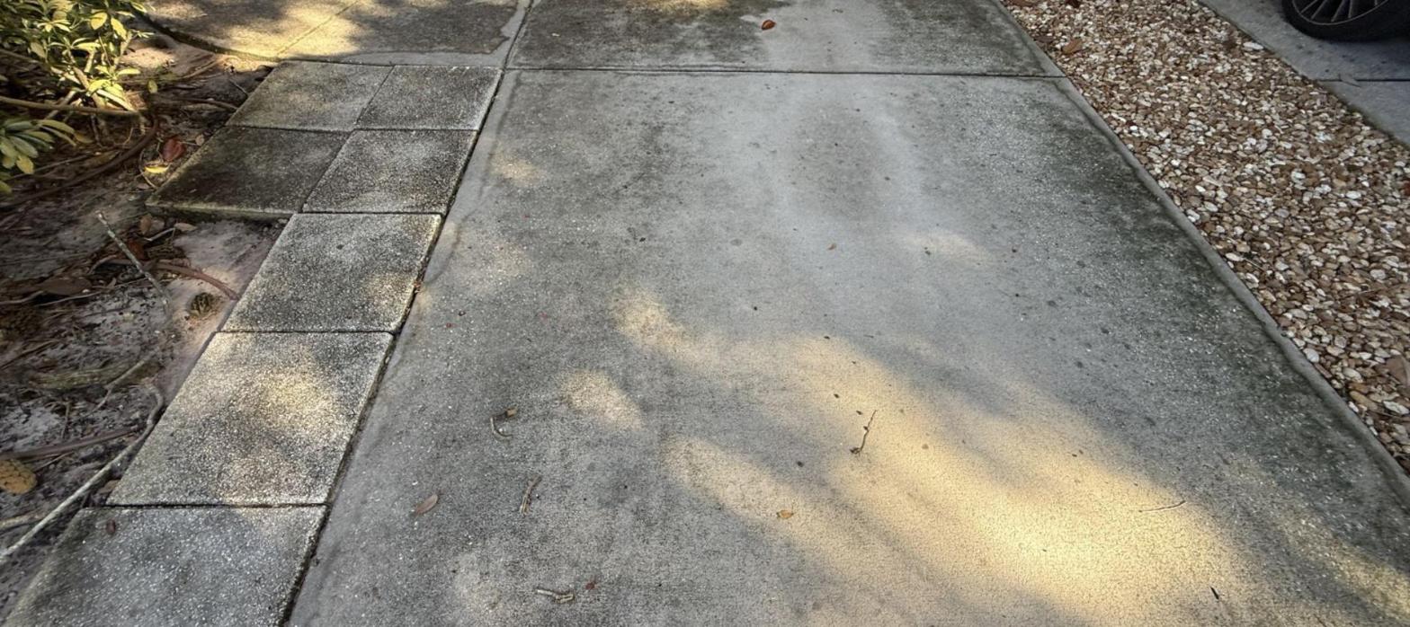 Driveway pad with mildew and tire marks before cleaning