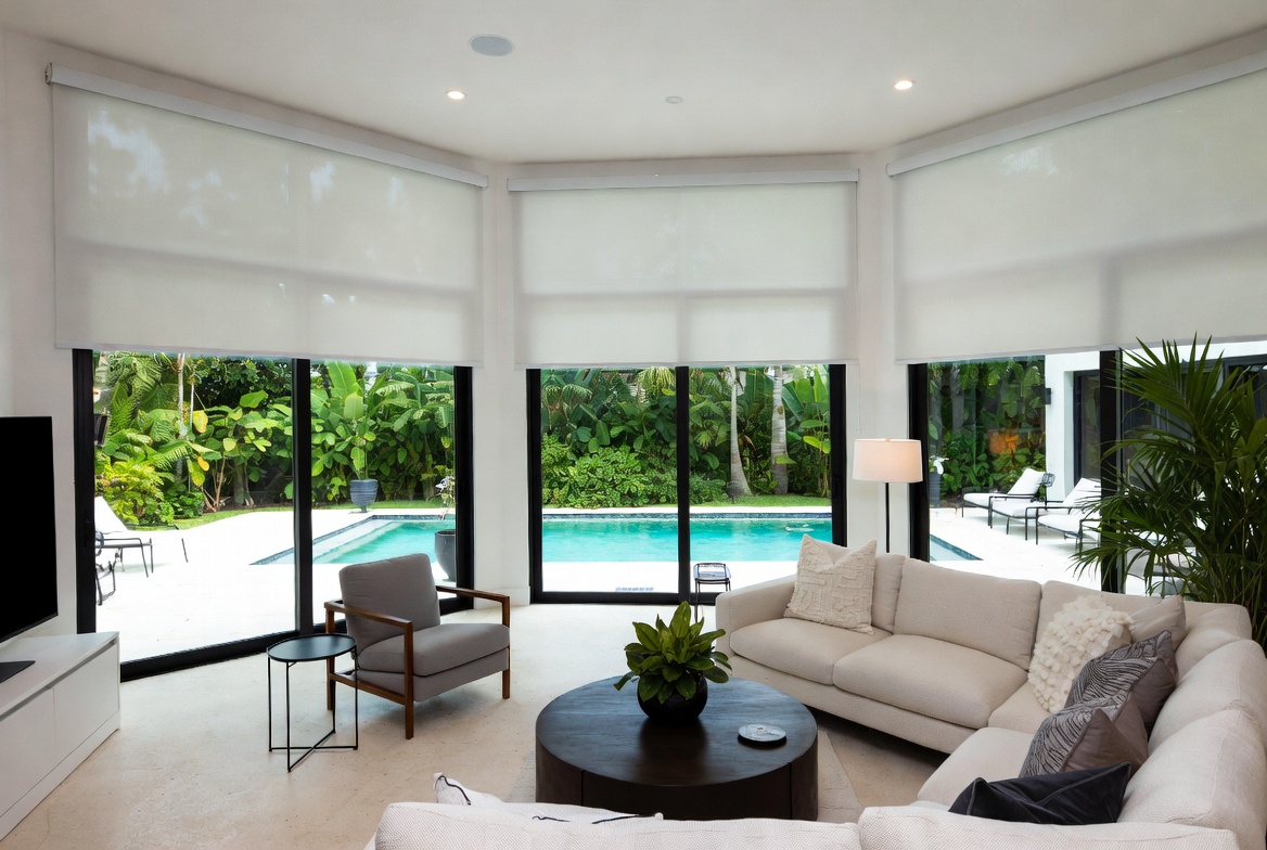 Installed roller shades in living room