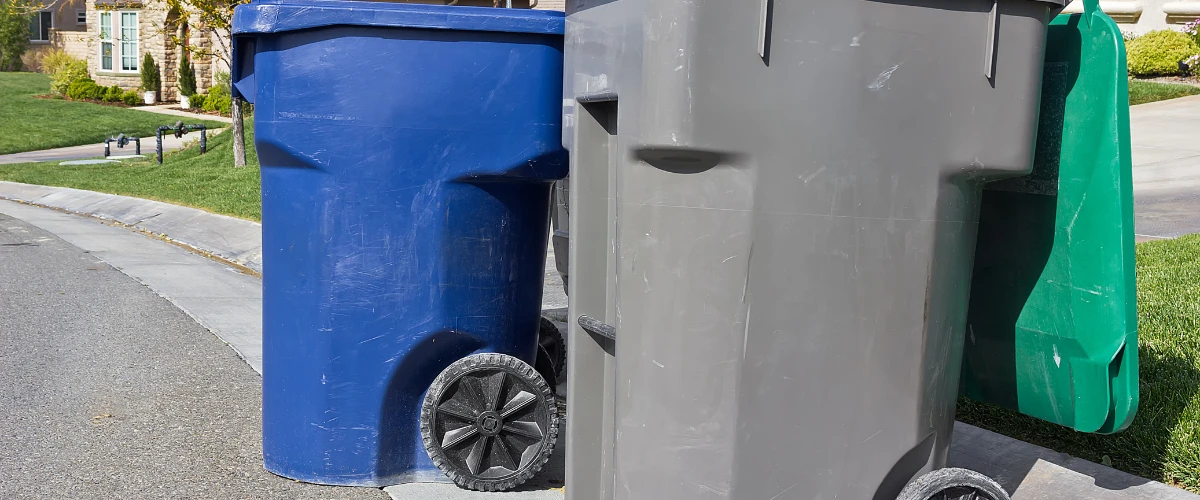 Large curbside trash and recycling carts lined along a suburban street.