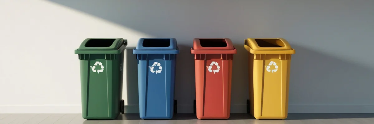 Four colorful recycling bins lined up against a wall.