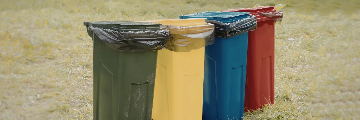 Four color-coded recycling bins standing on grass.