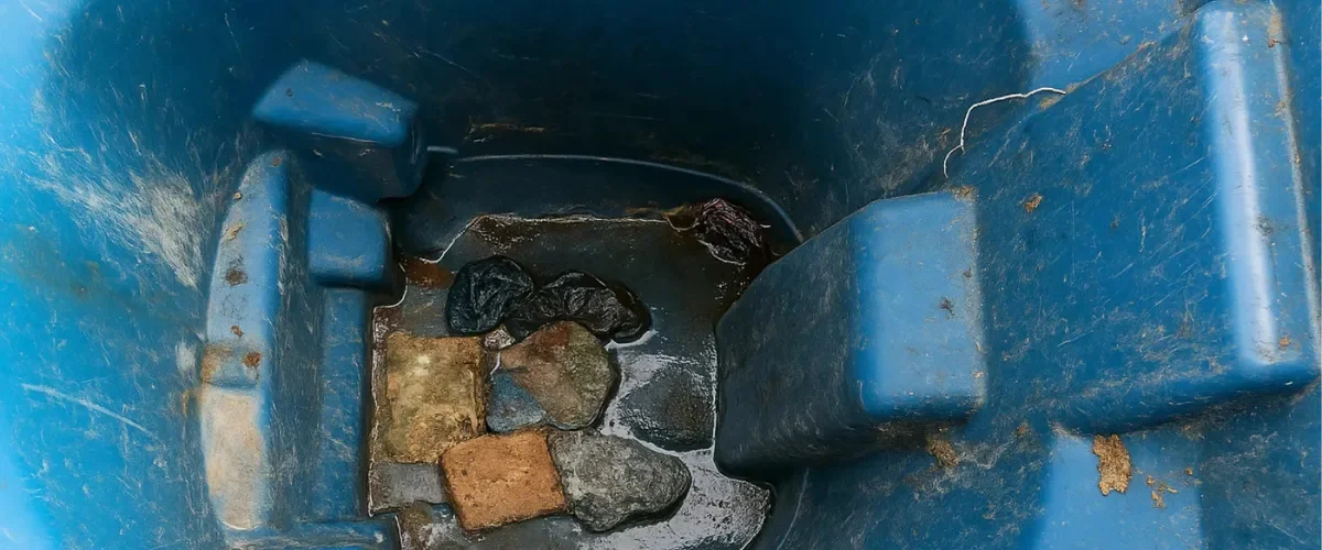 A top-down view inside a dirty, scratched blue plastic bin with murky water, rocks, and dark trash at the bottom.
