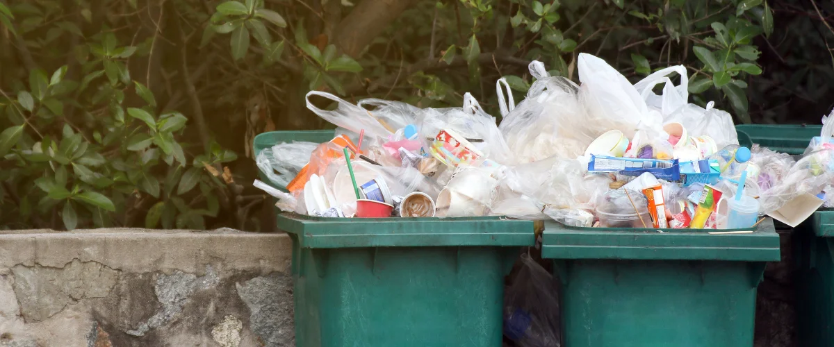 Two overflowing green trash bins packed with many plastic bags and disposable containers against green foliage.