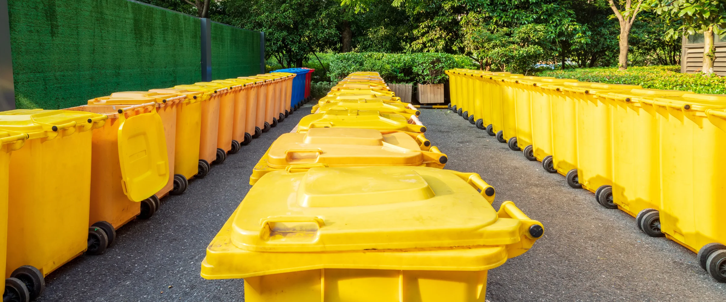 Multiple rows of bright yellow, orange, and blue wheeled waste bins on asphalt, framed by green trees and foliage. Multiple rows of bright yellow, orange, and blue wheeled waste bins on asphalt, framed by green trees and foliage.
