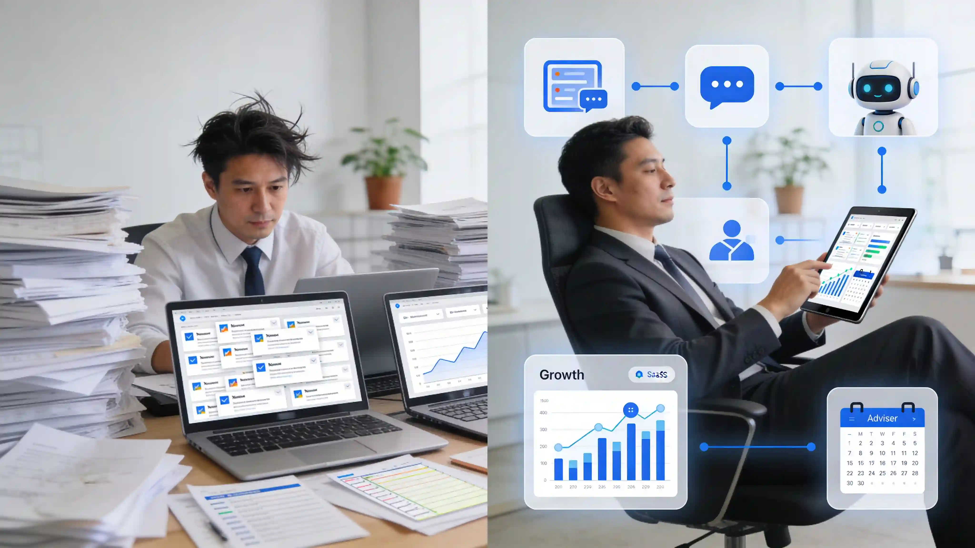 Split-scene showing an overwhelmed accountant handling manual admin tasks beside a streamlined AI-powered CRM workflow helping an accounting firm grow efficiently.