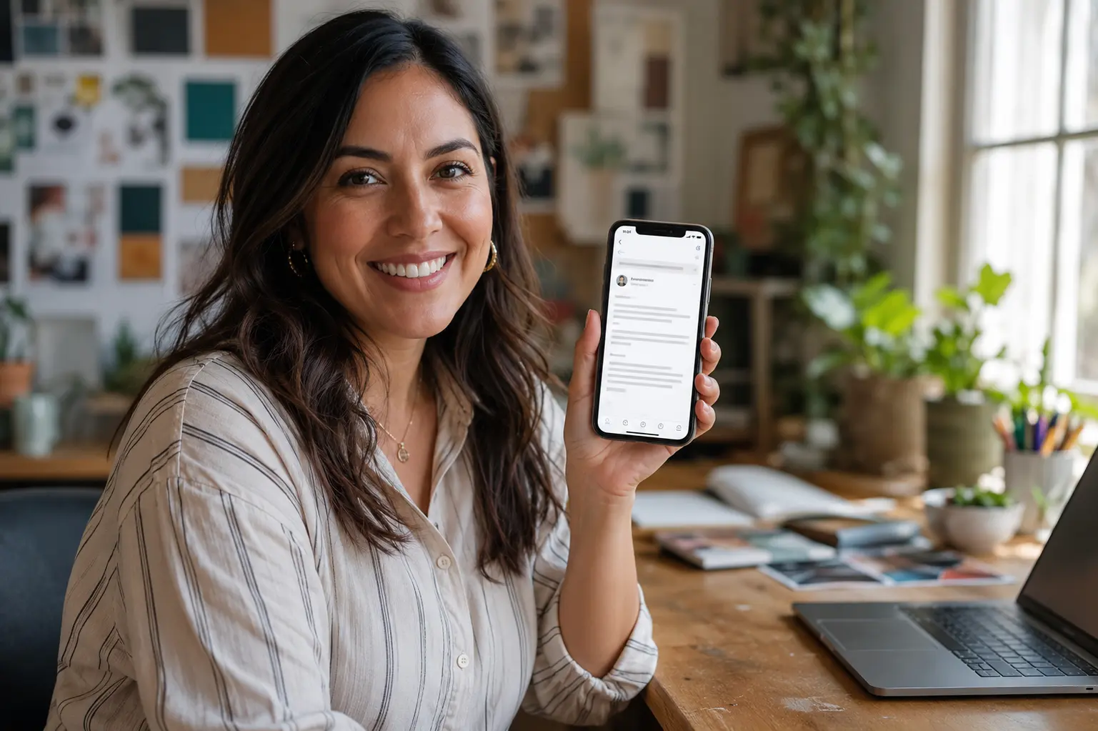 Small business owner smiling while reading a personalized email from her accounting firm