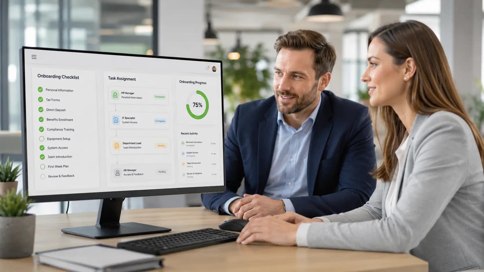 Accounting firm team reviewing automated client onboarding checklist on CRM dashboard Accounting firm team reviewing automated client onboarding checklist on CRM dashboard