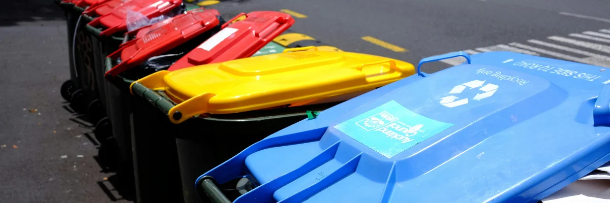 Curbside row of residential recycling bins with colored lids. Curbside row of residential recycling bins with colored lids.