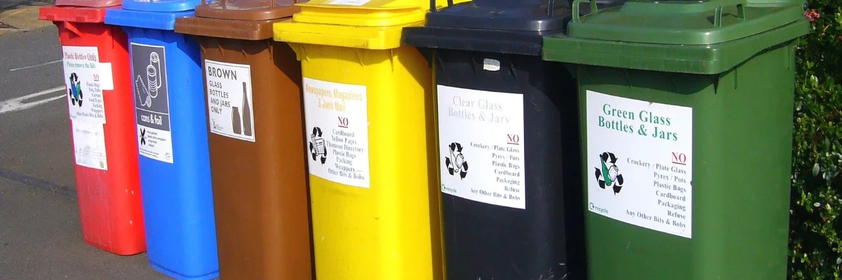 Six color-coded recycling bins for waste sorting and recycling.