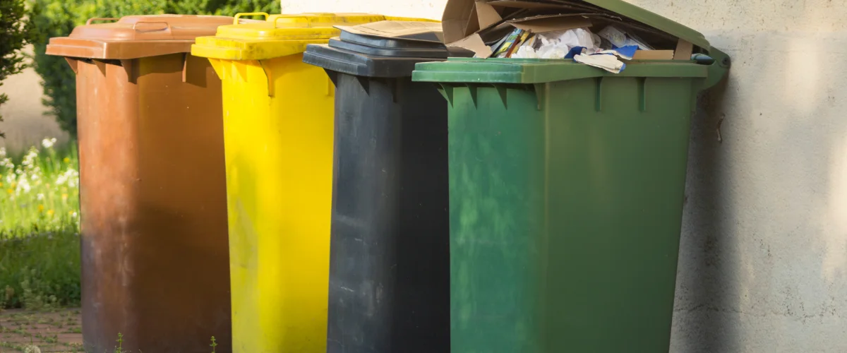 Row of colorful recycling bins filled with cardboard and waste. Row of colorful recycling bins filled with cardboard and waste.