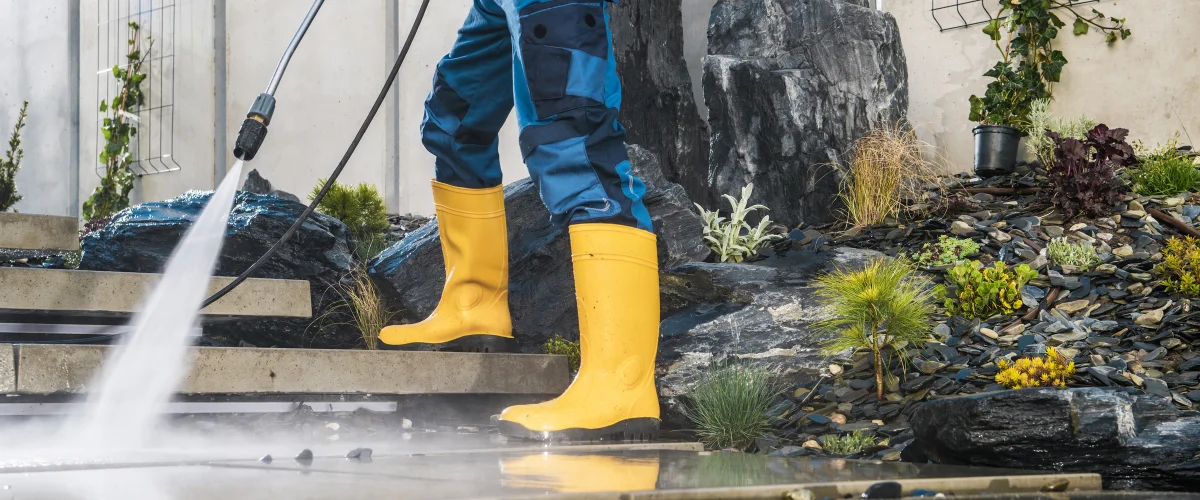A person in blue overalls and red gloves power washing a brick patio next to a garden light and large green bush. A person in blue overalls and red gloves power washing a brick patio next to a garden light and large green bush.
