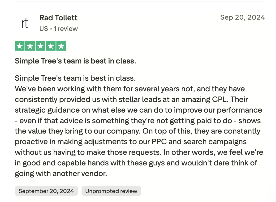Client review of Simple Tree Digital lead generation